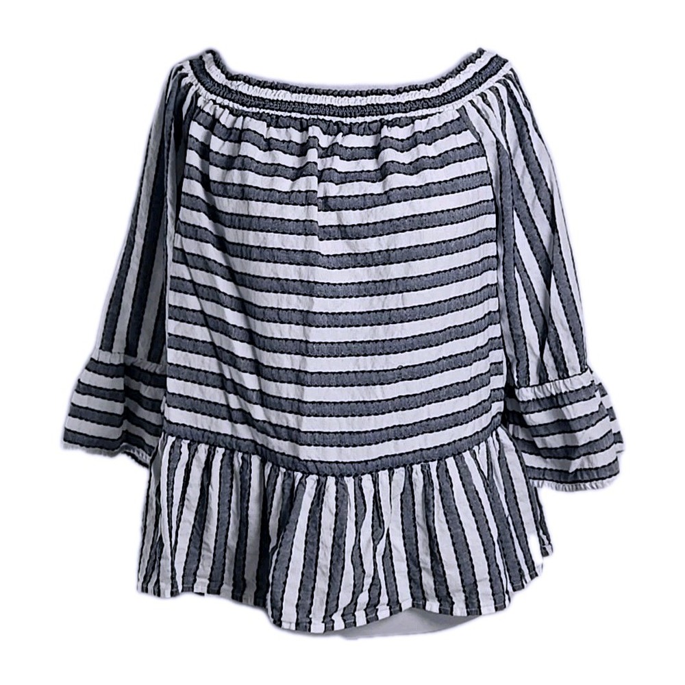 Crown & Ivy Blue White Striped Cotton Seersucker Bell Sleeve Top Blouse‎ Size XL